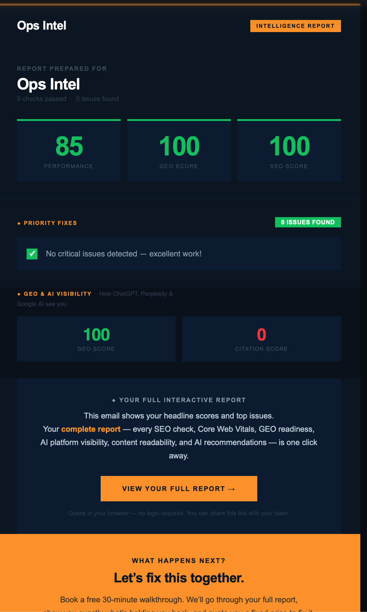 Example Marketing Intelligence Report email showing PageSpeed score, SEO health check results, and AI recommendations for a UK small business